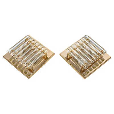Pre-owned Venini Style Italian Murano Glass & Gold Brass Flush Mounts (2) , Italy