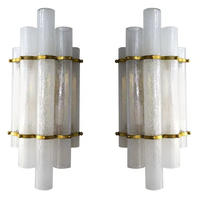 Pre-owned Venini Style  Mid-century Modern Pulegoso Pair Of Murano Glass Wall Sconces, 1960 In Transparent