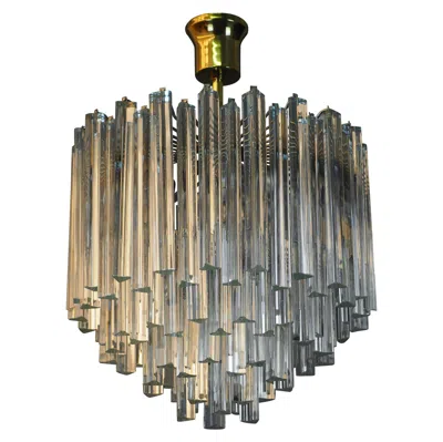 Pre-owned Venini Triedri Murano Glass And Brass Chandelier Style Of , Made By Carmer, 1970s In Transparent