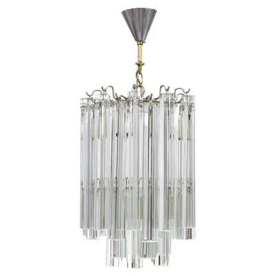 Pre-owned Venini Trilobo Murano Glass And Steel Chandelier Circa 1960 Made In Italy In Transparent