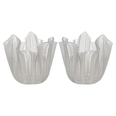 Pre-owned Venini Two White Handkerchief Vases/bowls, Zanfirico Filigree Glass, , Murano