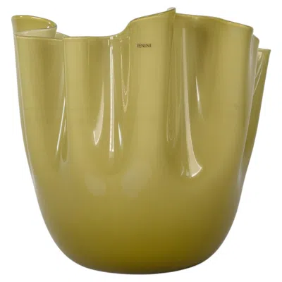 Pre-owned Venini Vase Fazzoletto Green Murano Glass, Signed 2014, Handmade In Italy