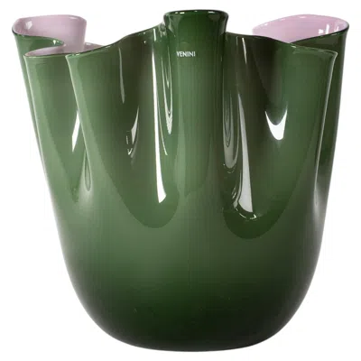 Pre-owned Venini Vase Fazzoletto Opalino Green & Pink Murano Glass, Signed 2012