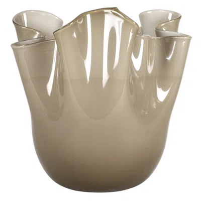 Pre-owned Venini Vase Fazzoletto Taupe Grey Murano Glass, Signed 2013, Handmade In Italy In Gray