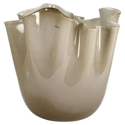 Pre-owned Venini Vase Fazzoletto Taupe Grey Murano Glass, Signed 2014, Handmade In Italy In Gray