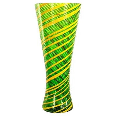 Pre-owned Venini Vase Tornado Green & Yellow Murano Glass, Signed 2005, Made In Italy