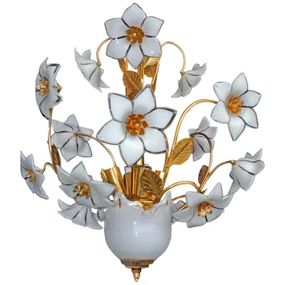 Pre-owned Venini Vintage Midcentury Italian Murano Flower Bouquet Art Glass Gilt Brass Chandelier In Transparent