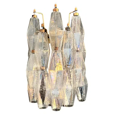 Pre-owned Venini Vintage Murano Italian Poliedri Iridescent Glass Wall Sconces In Sand