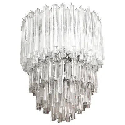 Pre-owned Venini Vintage Murano  Cascading Five Tier Glass Prism Chandelier And Nickel Cage In Gray