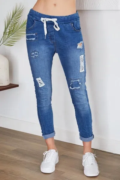 Venti6 Caterina Lace Embellished Denim Jogger In Medium Blue
