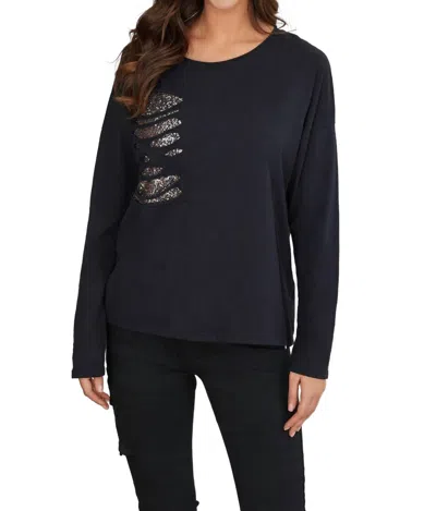 Venti6 Cut Sequin Patch Detail Long Sleeve Top In Black In Blue