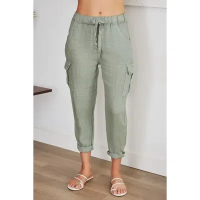 Venti6 Drawstring Linen Cargo Pants In Army Green