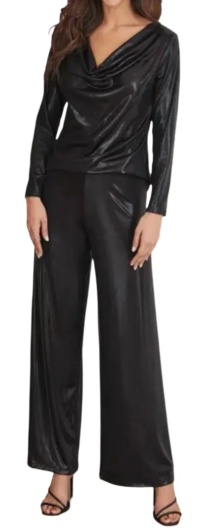 Venti6 Elastic Waistband Metallic Wide Leg Pants In Black In Animal Print