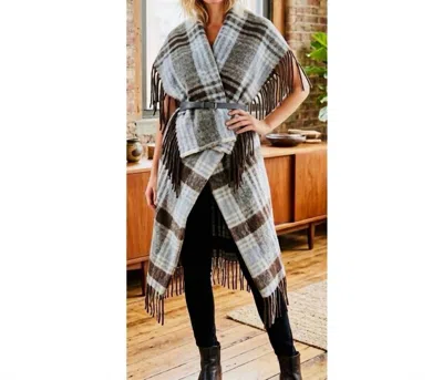 Venti6 Fringe Long Vest In Gray Plaid In Multi