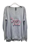 VENTI6 GOOD VIBES V NECK LONG SLEEVE SWEATER KNIT TOP IN GREY