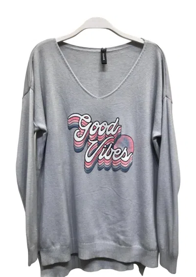 Venti6 Good Vibes V Neck Long Sleeve Sweater Knit Top In Grey