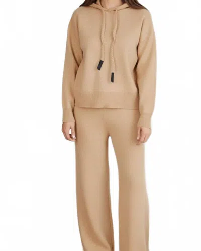 Venti6 Knit Hooded Sweater And Drawstring Wide Leg Pants In Beige In Brown