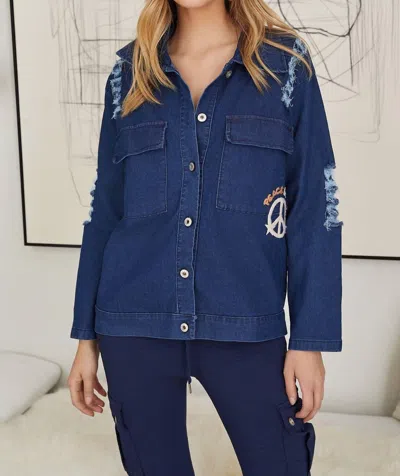 Venti6 Peace & Love Fuzzy Button Down Denim Jacket In Blue