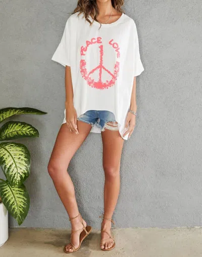 Venti6 Peace Love Floral Round Neck Oversized Tee In White