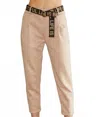 Venti6 Renata Darted Faux Suede Elastic Waist Pant With Belt In Tan In Neutral