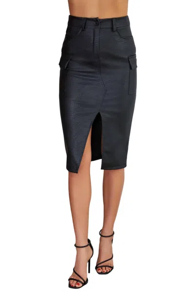 Venti6 Romana Cargo Pocket Vegan Leather Midi Skirt In Black