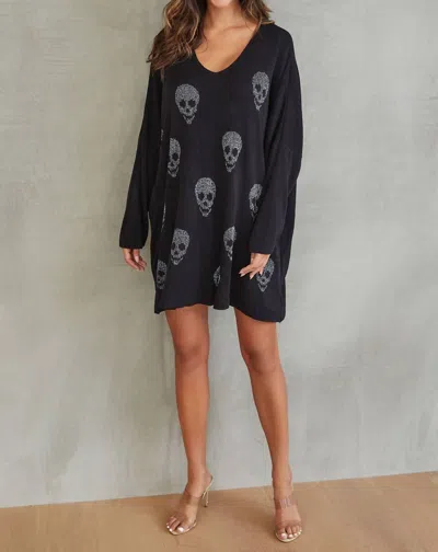 Venti6 Silver Lurex Skulls Print Tunic Sweater Dress In Black