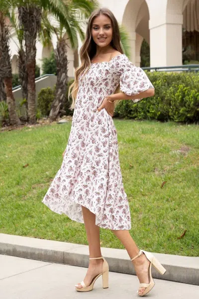 Venti6 Smocked High-low Dress In Paisley Print In White