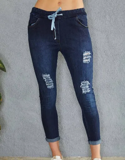 Venti6 Women's Claire Distressed Crinkle Joggers In Dark Denim In Blue
