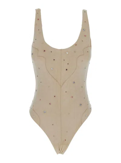 Venuja Beige High Cut One-piece With Round Neck And All-over Beaded Embellishments In Tech Fabric Stretch W In Neutral