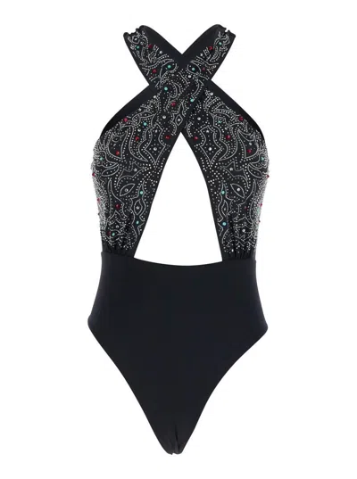 VENUJA BLACK ONE-PIECE SWIMSUIT WITH BRAIDED STRAPS AND BEAD DECORATIONS