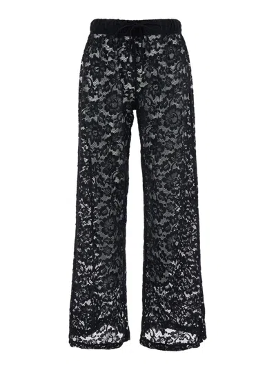 VENUJA 'BOHEMIA' BLACK PANTS WITH ELASTIC DRAWSTRING WAIST AND ALL-OVER FLORAL EMBROIDERY IN TECH FABRIC ST