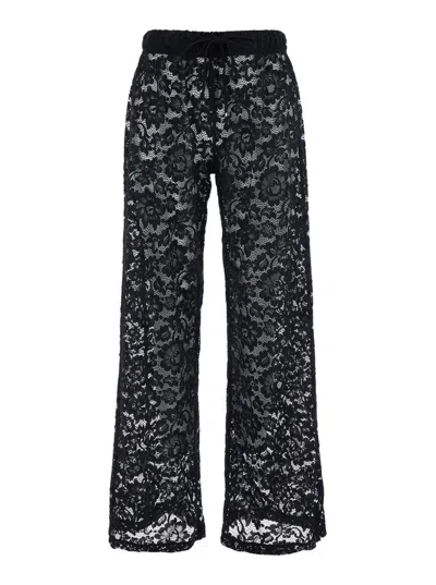 VENUJA 'BOHEMIA' BLACK PANTS WITH ELASTIC DRAWSTRING WAIST AND ALL-OVER FLORAL EMBROIDERY IN TECH FABRIC ST