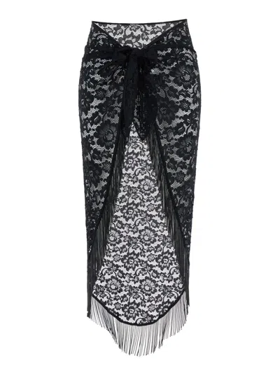 VENUJA 'BOHEMIA' BLACK SKIRT WITH FRINGED HEM AND ALL-OVER LACE EMBROIDERY IN TECH FABRIC STRETCH WOMAN