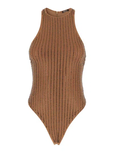 Venuja Brown High Cut One-piece With Racerback Neckline And All-over Pinstripe Rhinestones Embellishments I