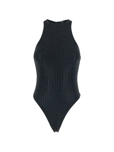 Venuja Black High Cut One-piece With Racerback Neckline And All-over Pinstripe Rhinestones Embellishments I