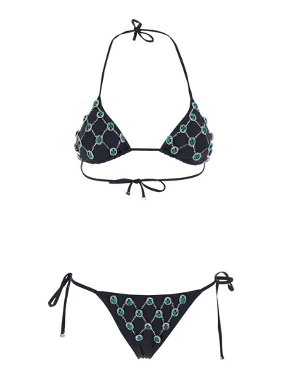 Venuja Gem-embroidered Triangle Bikini With Adjustable Drawstring Back And Brazilian Bottoms In Black