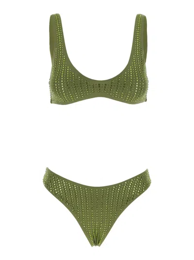Venuja Green High Cut Bikini With Brazilian Cut Bottoms And All-over Pinstripe Rhinestones Embellishments I In Multi