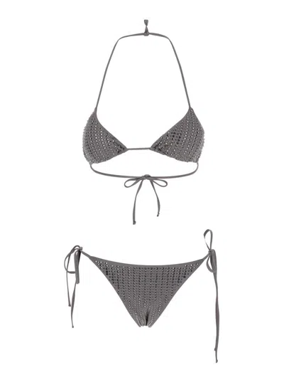 VENUJA GREY BIKINI WITH TRIANGLE DESIGN AND ALL-OVER STUD DECORATIONS IN TECH FABRIC WOMSN