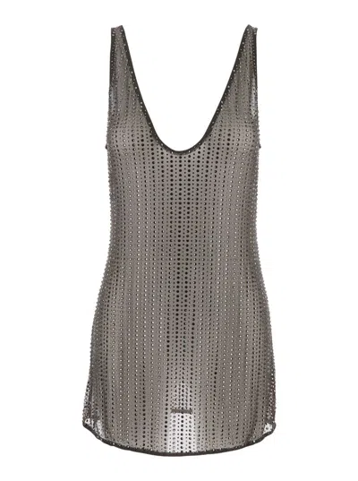 VENUJA GREY SLEEVELESS MINI DRESS WITH ALL-OVER CRYSTAL EMBELLISHMENTS IN TECH FABRIC STRETCH WOMAN
