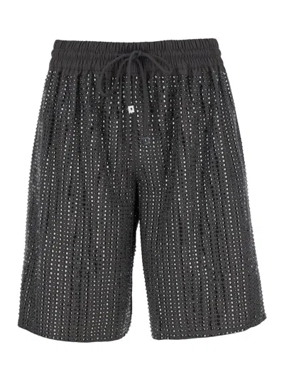 VENUJA GREY SWIM SHORTS WITH ELASTIC DRAWSTRING WAIST AND ALL-OVER PINSTRIPE RHINESTONES EMBELLISHMENTS IN 