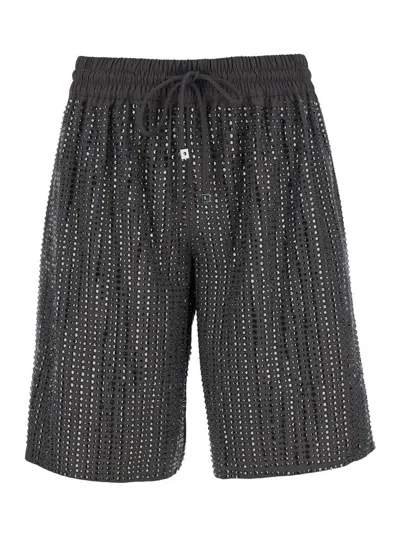 VENUJA GREY SWIM SHORTS WITH ELASTIC DRAWSTRING WAIST AND ALL-OVER PINSTRIPE RHINESTONES EMBELLISHMENTS IN 