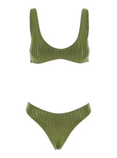 Venuja High-cut Sequin Stripe Bikini With Brazilian Cut Brief In Stretch Tech Fabric In Green