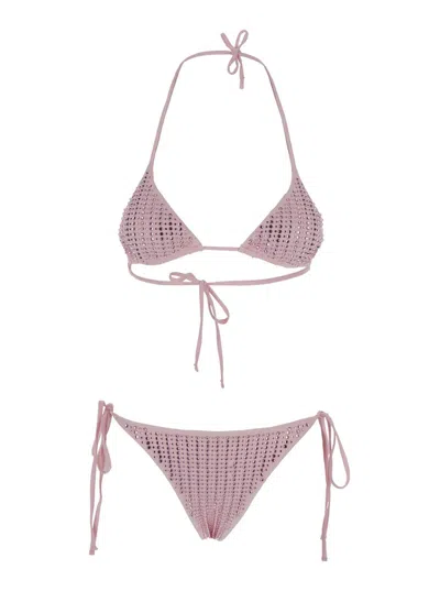 Venuja Pink Bikini With Adjustable Tie Closure And All-over Pinstripe Rhinestones Embellishments In Tech Fa