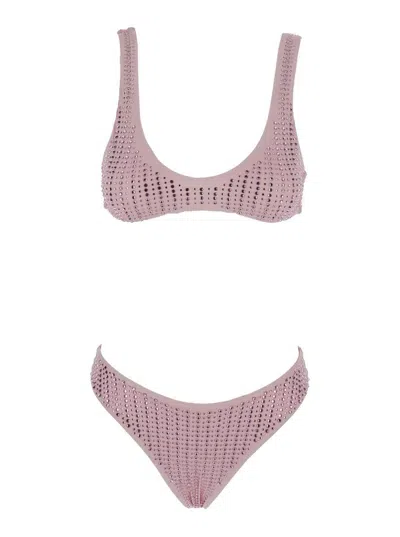 VENUJA PINK HIGH CUT BIKINI WITH BRAZILIAN CUT BOTTOMS AND ALL-OVER PINSTRIPE RHINESTONES EMBELLISHMENTS
