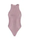 Venuja Pink High Cut One-piece With Racerback Neckline And All-over Pinstripe Rhinestones Embellishments In Pink