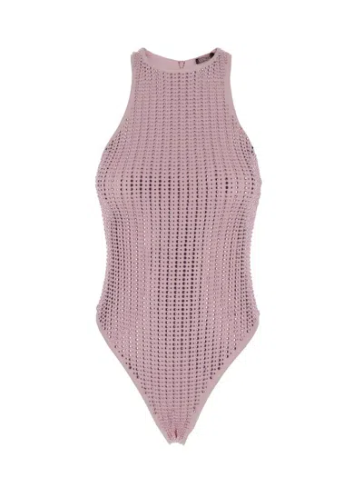 Venuja Pink High Cut One-piece With Racerback Neckline And All-over Pinstripe Rhinestones Embellishments In