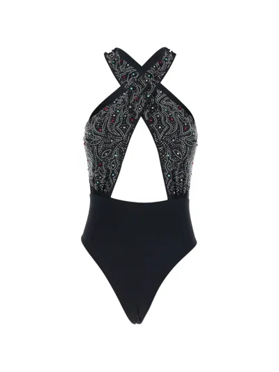 Venuja Rhinestone-embellished Crossover Swimsuit In Black