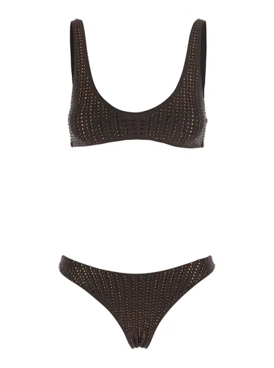Venuja Sequin Tech Fabric Bikini With Brazilian-cut Bottoms In Brown