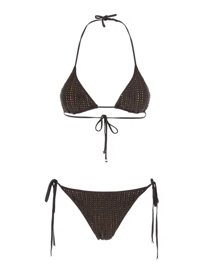 Venuja Sequin Triangle Bikini With Adjustable Tie Closure In Tech Fabric In Brown