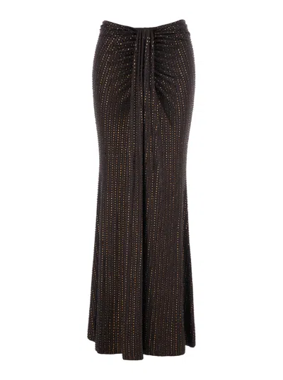 Venuja Tech Fabric Mini Sequin Skirt With Front Knot Detail In Brown